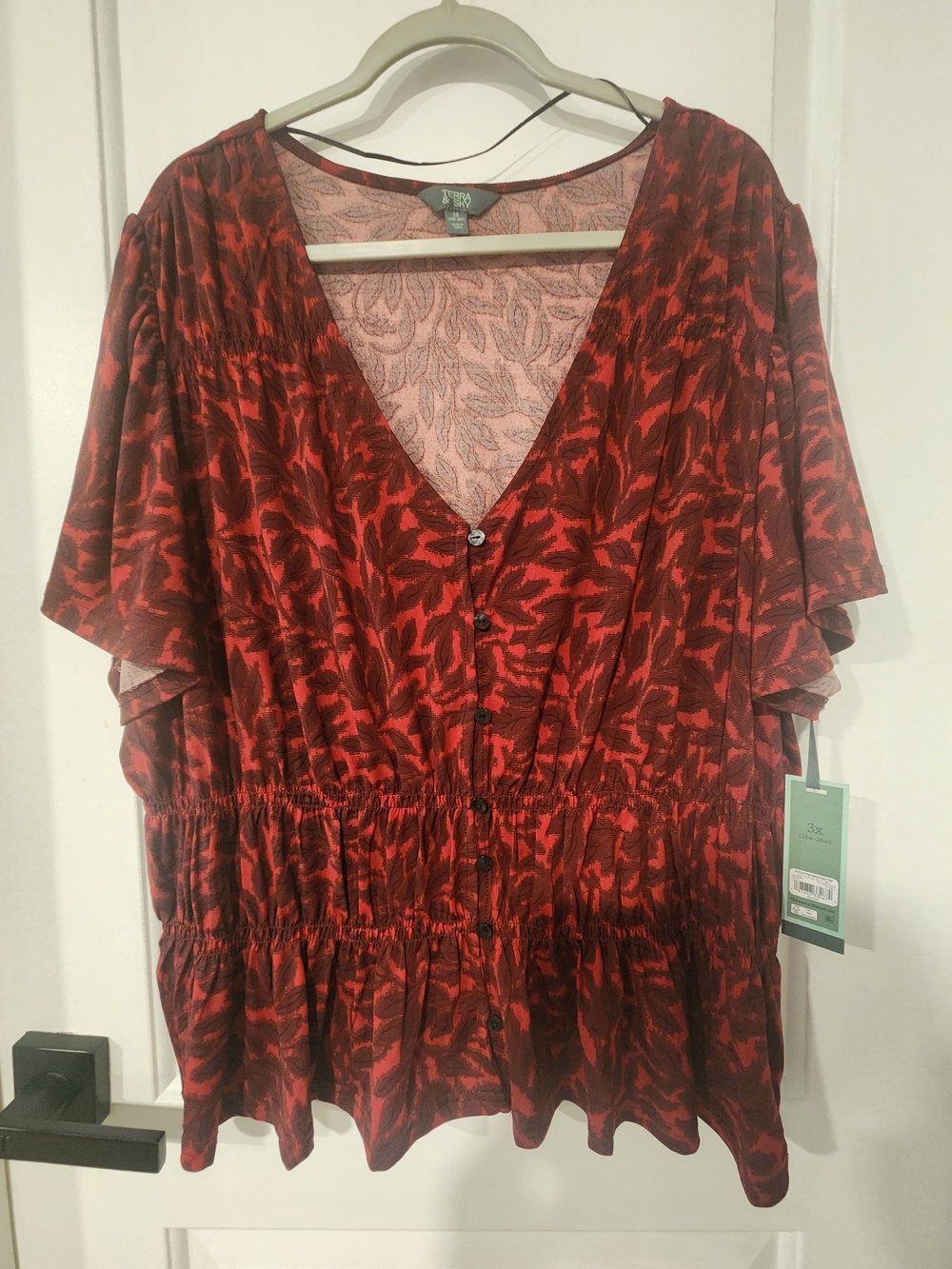 Terra & Sky Red and Black Floral V-Neck Peplum Blouse